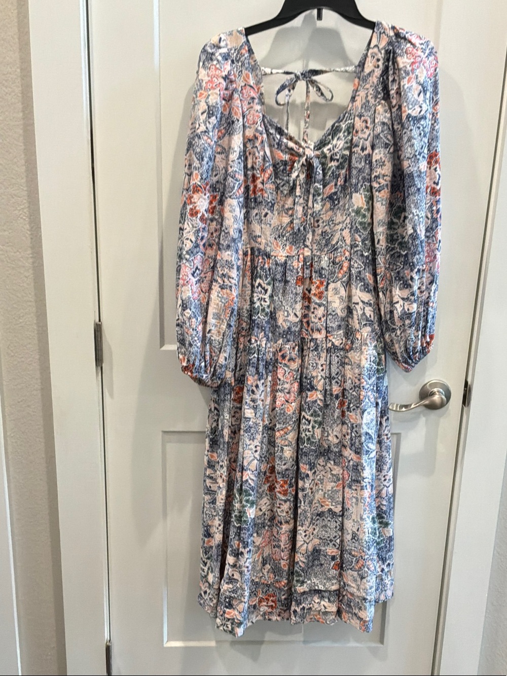 Moon River Boho Floral Peasant Dress Blue Pink Balloon Sleeve XS Pokets